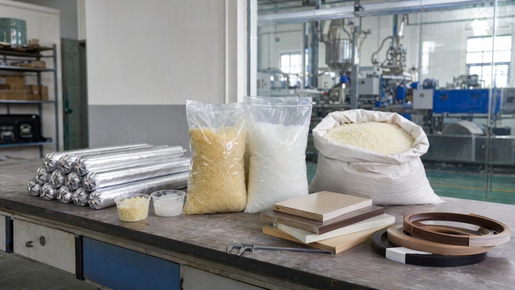 PUR and EVA hot melt adhesive products with pellets cartridges edge banding samples in real factory workshop