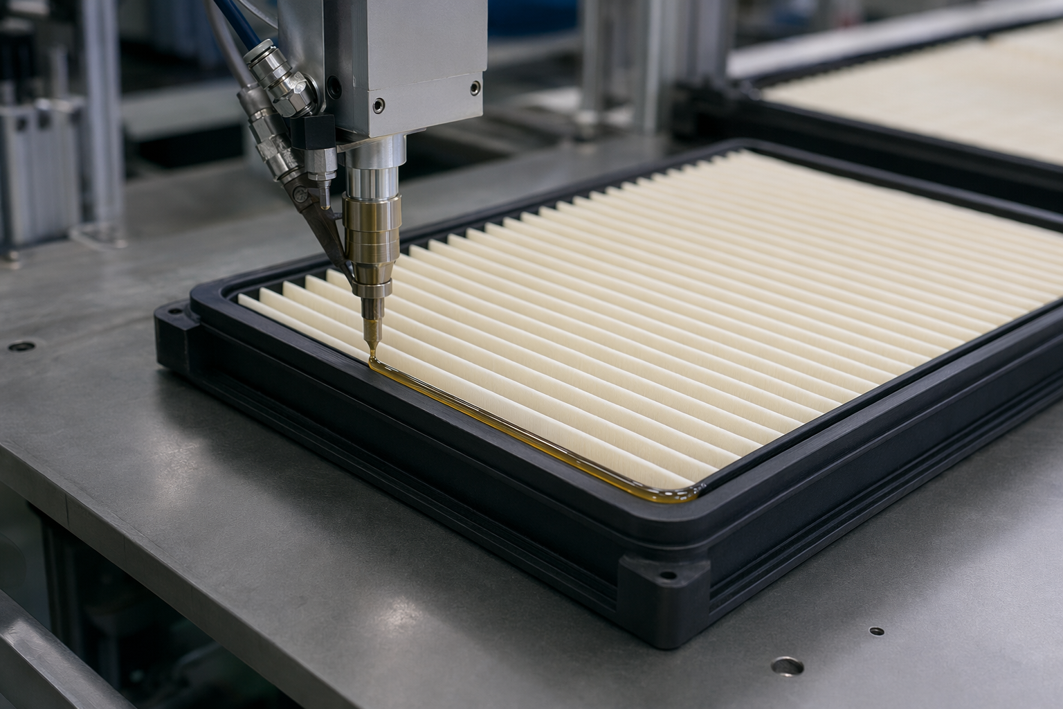 Industrial filter bonding scene using hot melt adhesive