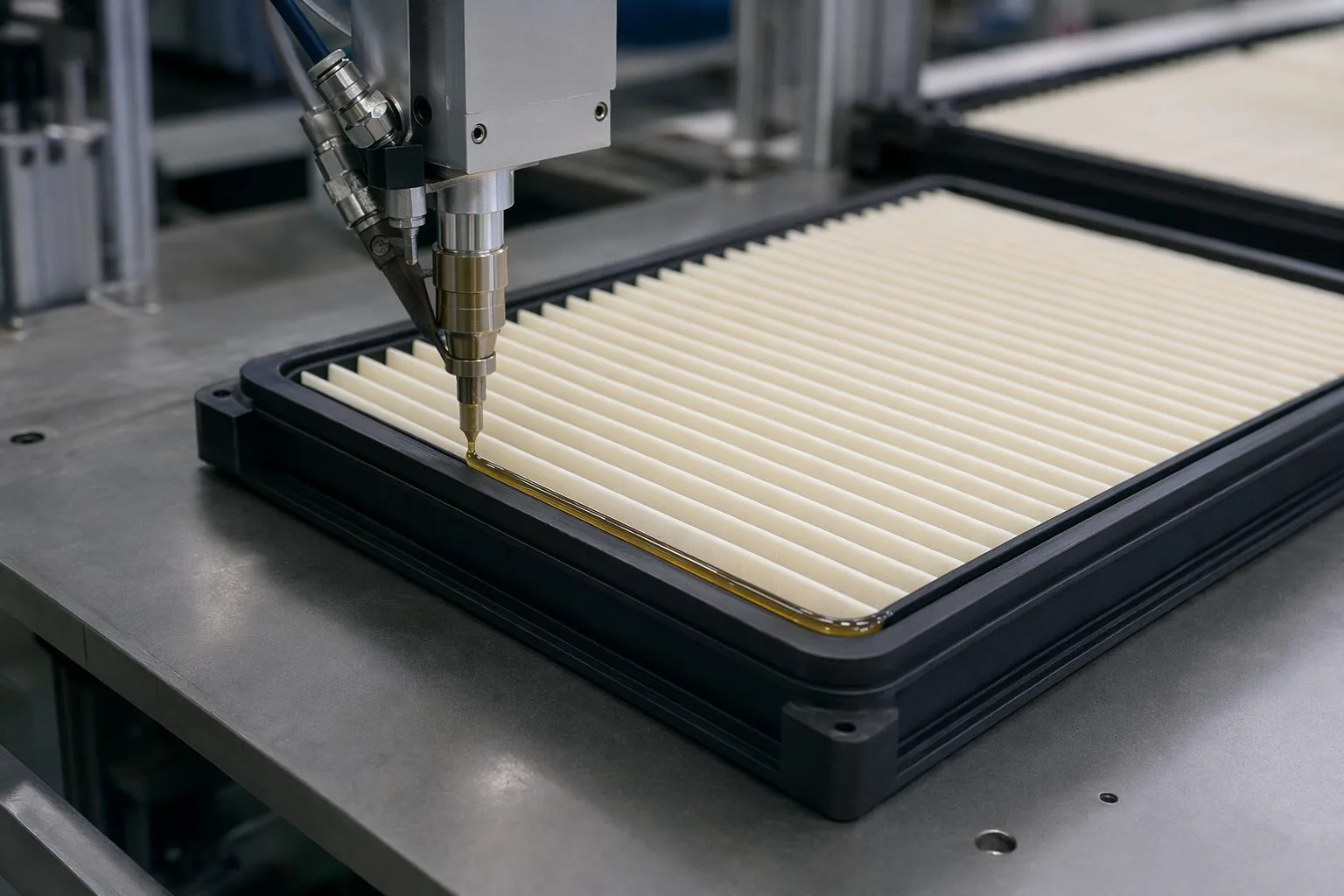 Industrial filter bonding scene using hot melt adhesive