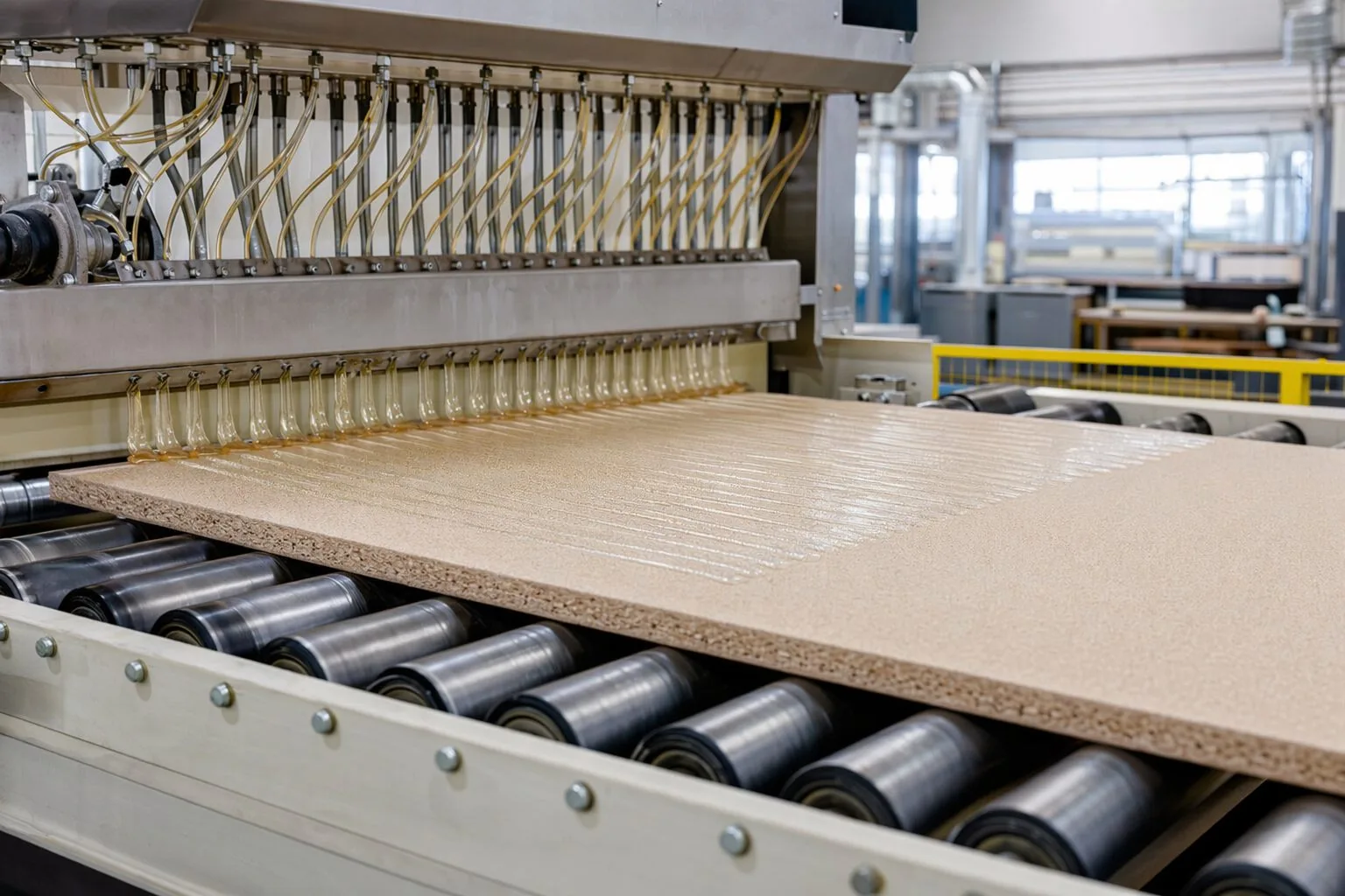Flat lamination production scene using hot melt adhesive